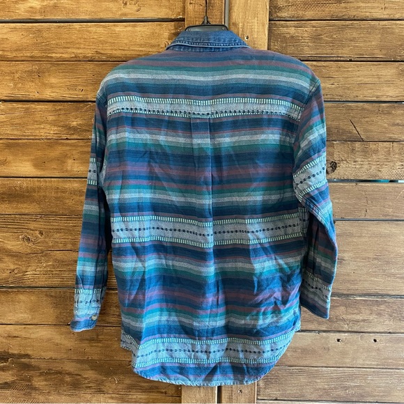 Lemon Grass stripe southwestern Aztec cotton sustainable button down shirt M - Picture 7 of 12